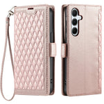 Pung-etui i læder med rhombus-tekstur og håndledsrem til Samsung Galaxy A15 5G / 4G