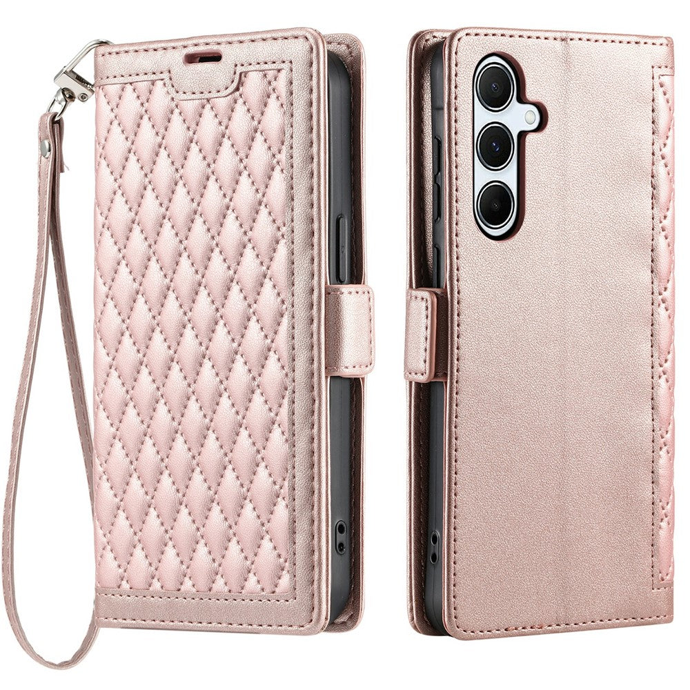 Pung-etui i læder med rhombus-tekstur og håndledsrem til Samsung Galaxy A15 5G / 4G