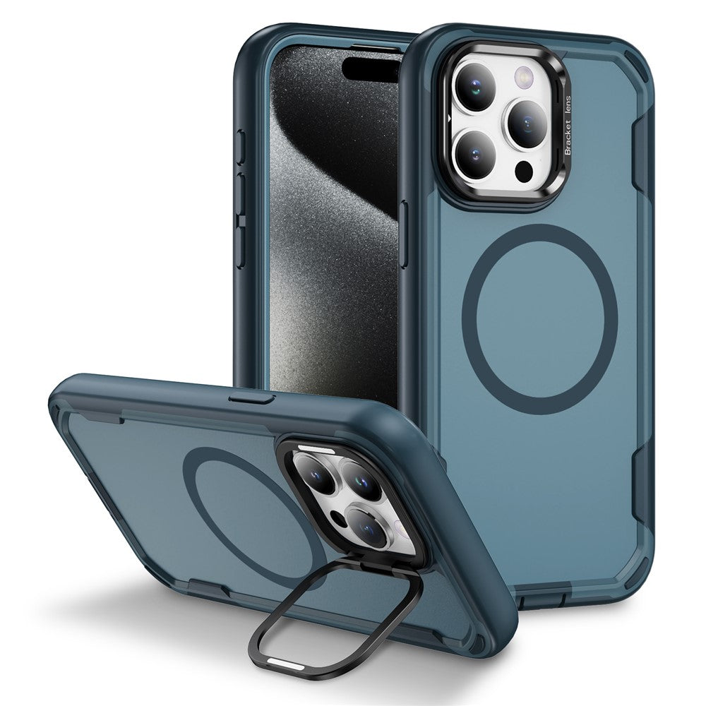 For iPhone 15 Pro Max Case Compatible with MagSafe Lens Frame Kickstand TPU + PC Shockproof Phone Cover