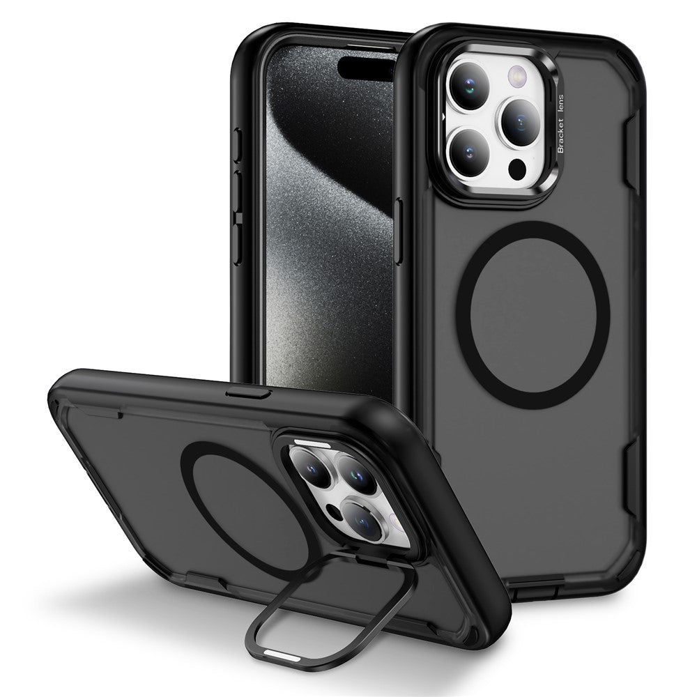 For iPhone 15 Pro Max Case Compatible with MagSafe Lens Frame Kickstand TPU + PC Shockproof Phone Cover