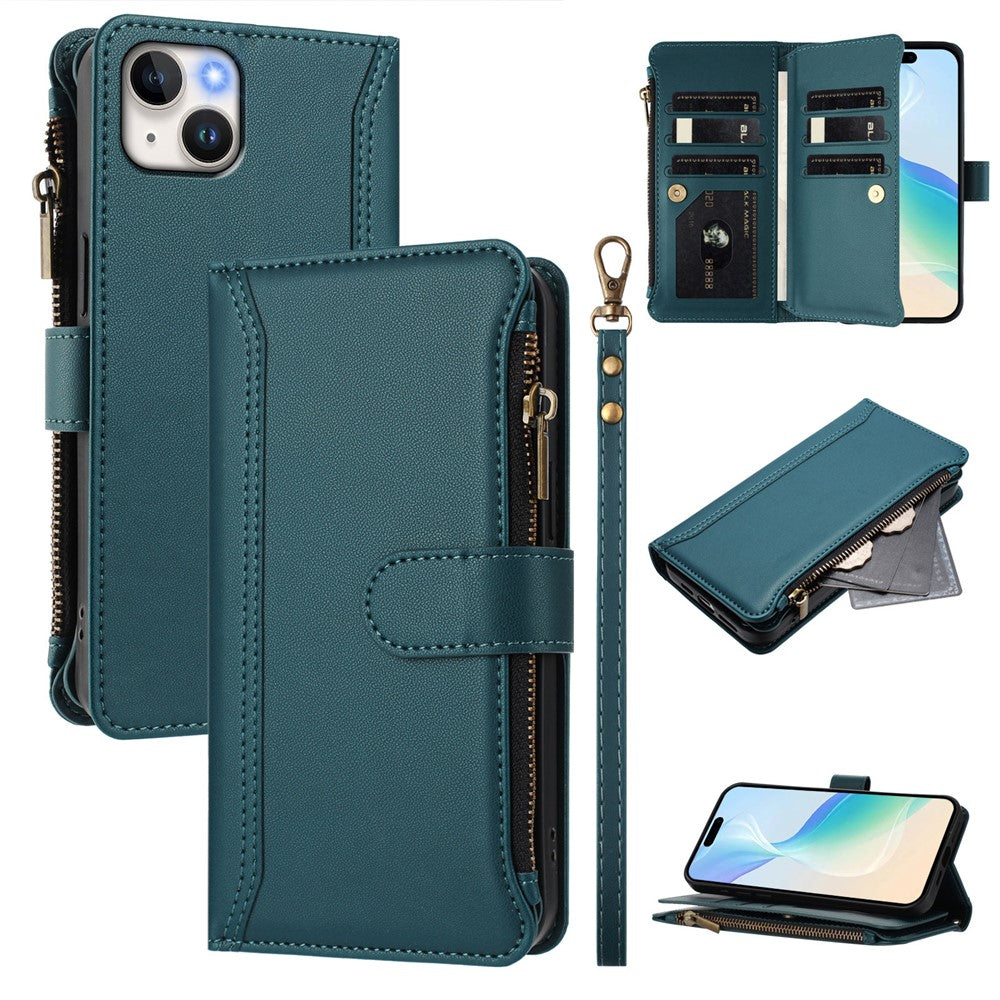 Til iPhone 15 Plus Lædercover 9 Kortpladser Lynlåspung Stativ Telefoncover med Håndrem