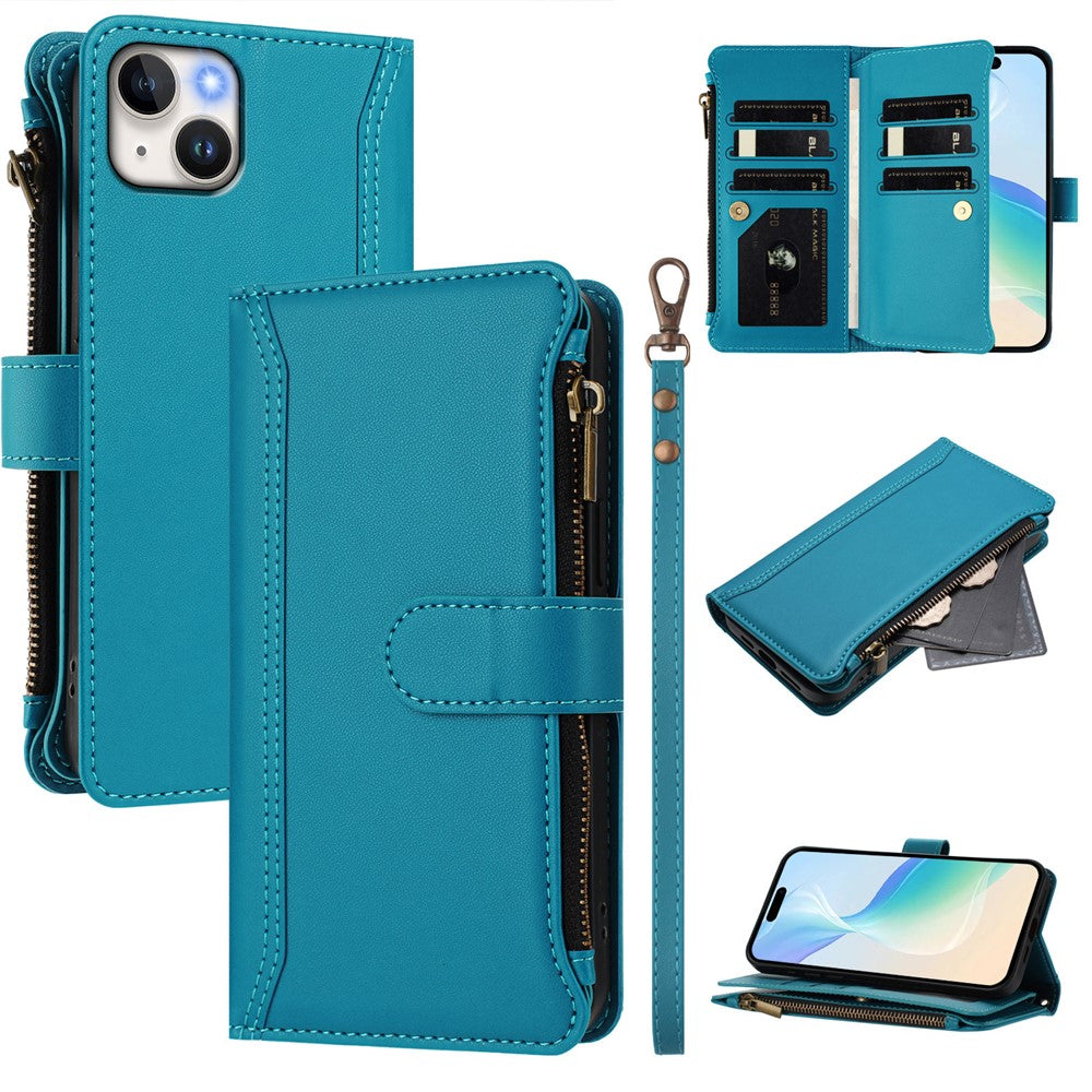 Til iPhone 15 Plus Lædercover 9 Kortpladser Lynlåspung Stativ Telefoncover med Håndrem