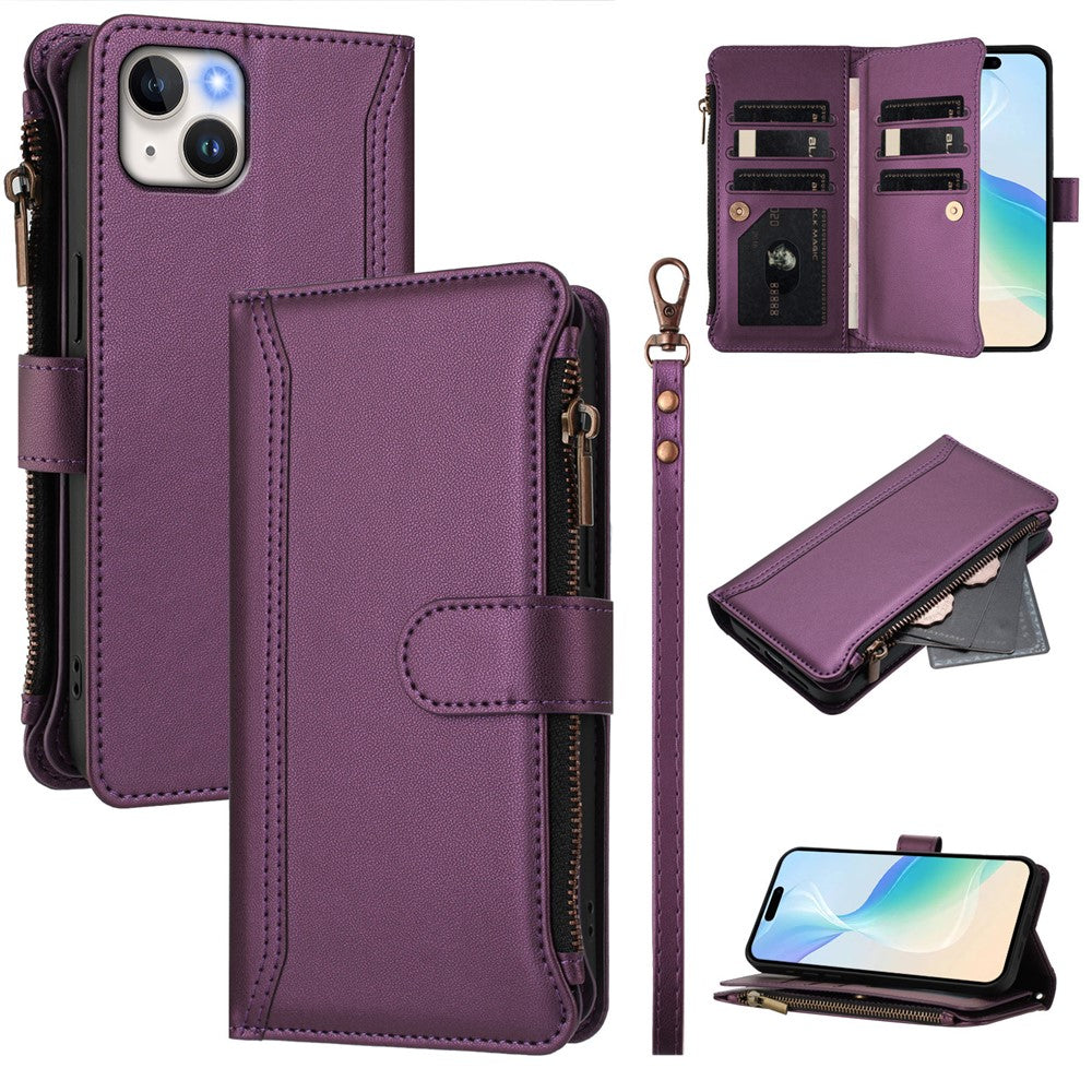 Til iPhone 15 Plus Lædercover 9 Kortpladser Lynlåspung Stativ Telefoncover med Håndrem
