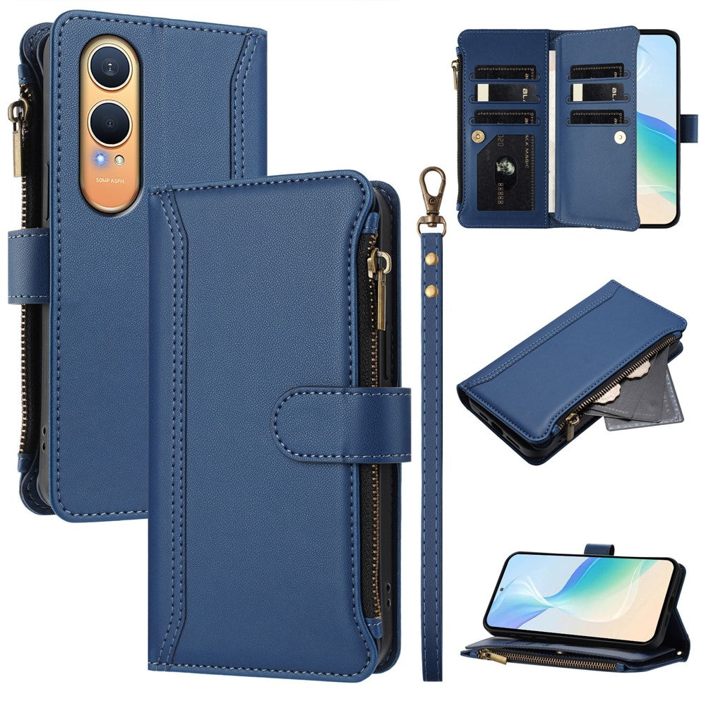 Oppo K12x 5G (Kina) / OnePlus Nord CE4 Lite 5G Läderfodral 9 Kortfack Dragkedja Plånboksfodral med Handledsrem