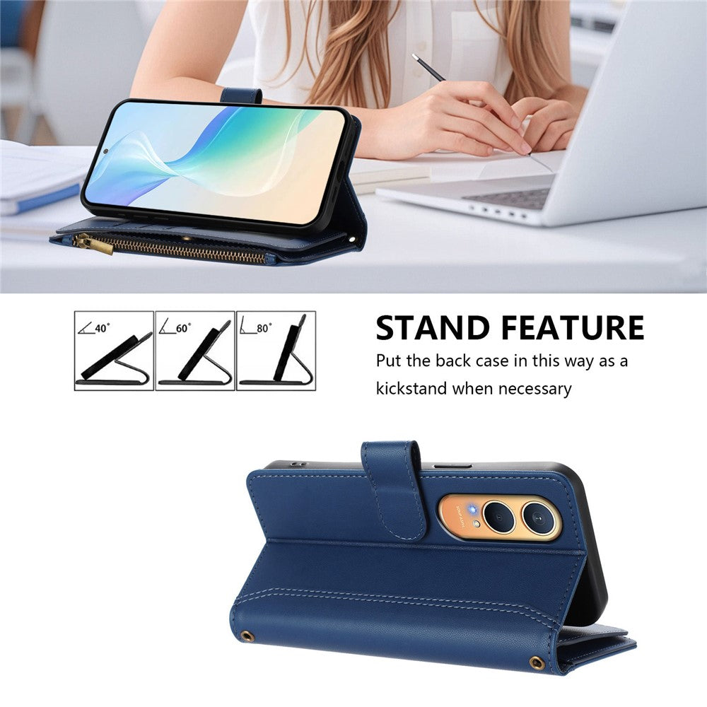 Oppo K12x 5G (Kina) / OnePlus Nord CE4 Lite 5G Läderfodral 9 Kortfack Dragkedja Plånboksfodral med Handledsrem
