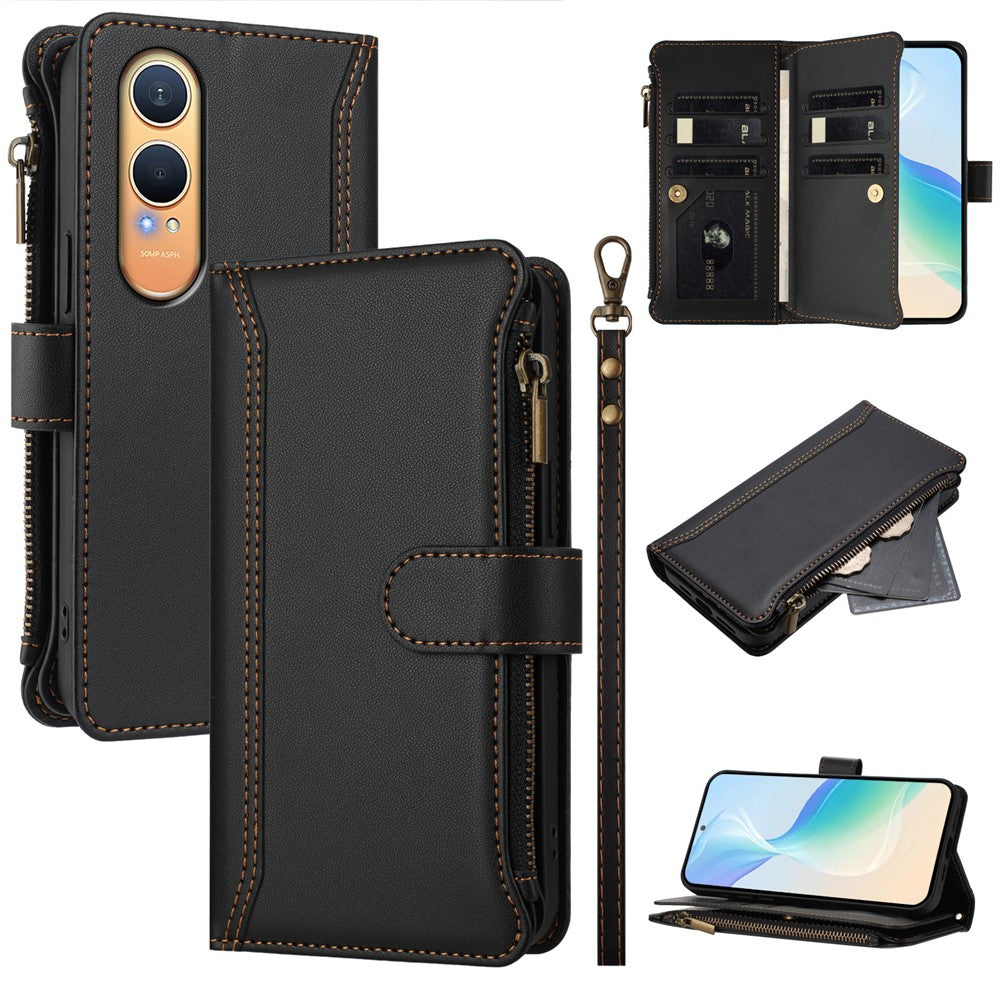 Oppo K12x 5G (Kina) / OnePlus Nord CE4 Lite 5G Läderfodral 9 Kortfack Dragkedja Plånboksfodral med Handledsrem