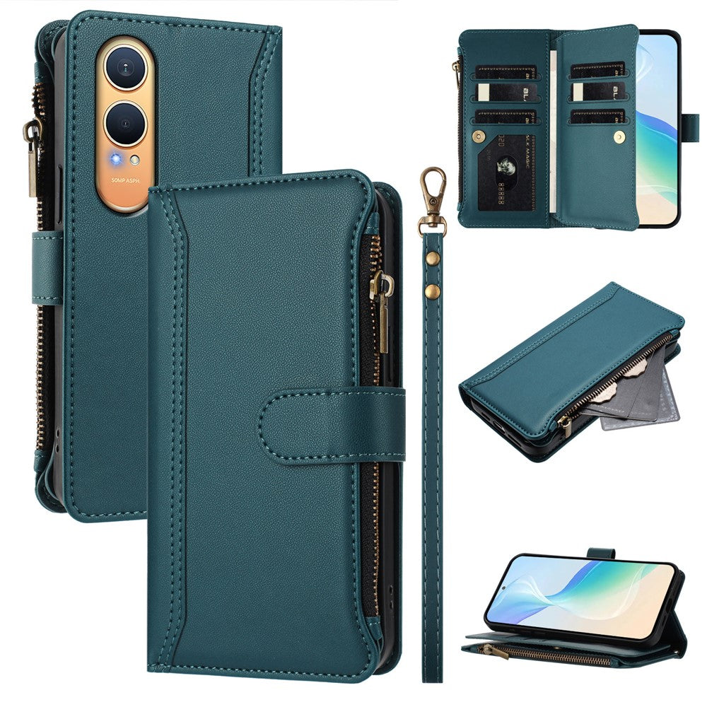 Oppo K12x 5G (Kina) / OnePlus Nord CE4 Lite 5G Läderfodral 9 Kortfack Dragkedja Plånboksfodral med Handledsrem