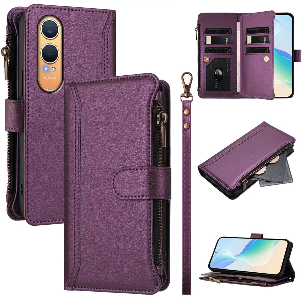 Oppo K12x 5G (Kina) / OnePlus Nord CE4 Lite 5G Läderfodral 9 Kortfack Dragkedja Plånboksfodral med Handledsrem