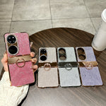 For Huawei P50 Pocket Case with Ring Holder Ripple Texture Hard PC Electroplating Phone Cover