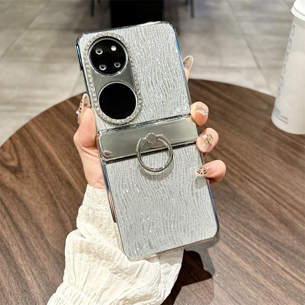 For Huawei P50 Pocket Case with Ring Holder Ripple Texture Hard PC Electroplating Phone Cover