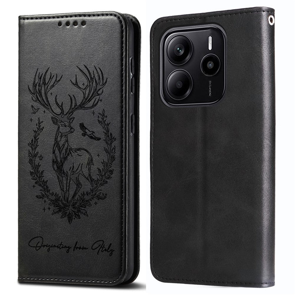 For Xiaomi Redmi Note 14 4G (164.84mm) Stand Case Lucky Deer Imprinted Magnetic Closure Leather Wallet Phone Cover