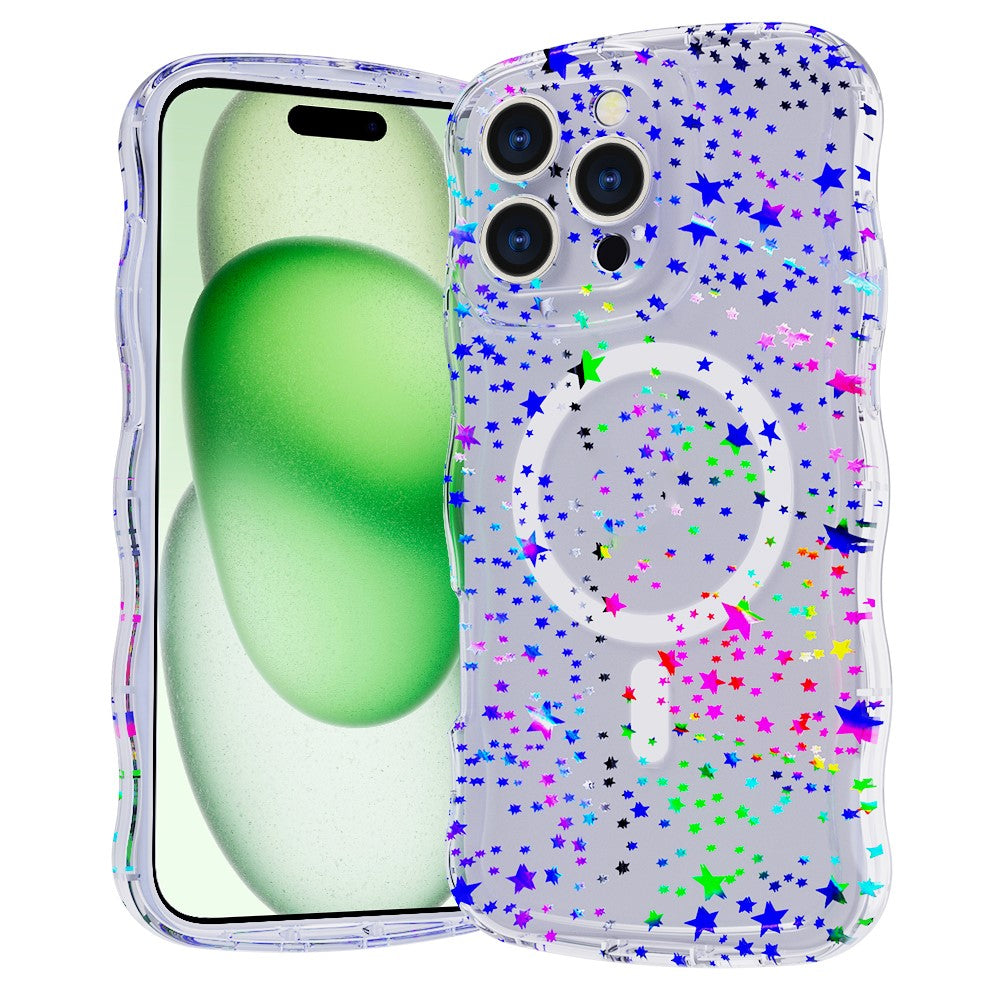 For iPhone 15 Pro Max Magnetic Case Wave Edge Glitter TPU Phone Back Cover