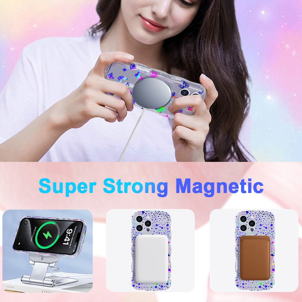 For iPhone 15 Pro Max Magnetic Case Wave Edge Glitter TPU Phone Back Cover