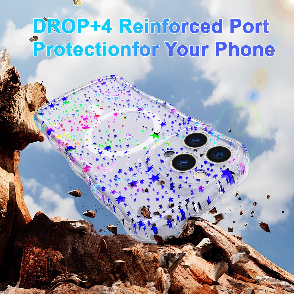 For iPhone 15 Pro Max Magnetic Case Wave Edge Glitter TPU Phone Back Cover