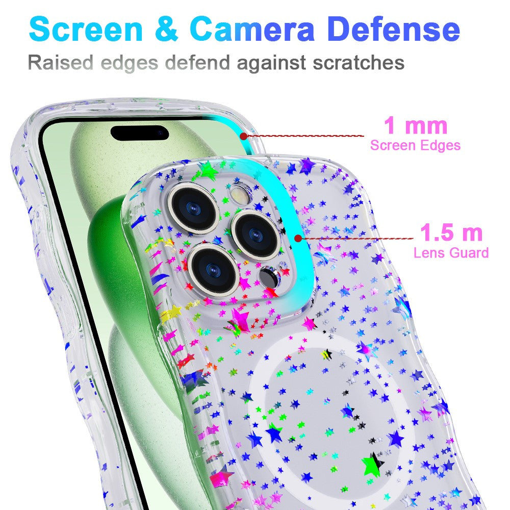 For iPhone 15 Pro Max Magnetic Case Wave Edge Glitter TPU Phone Back Cover