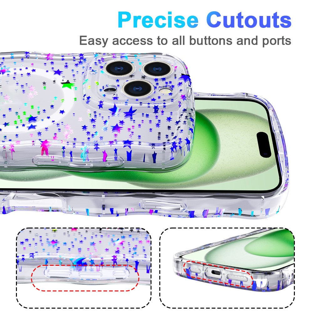 For iPhone 15 Pro Max Magnetic Case Wave Edge Glitter TPU Phone Back Cover
