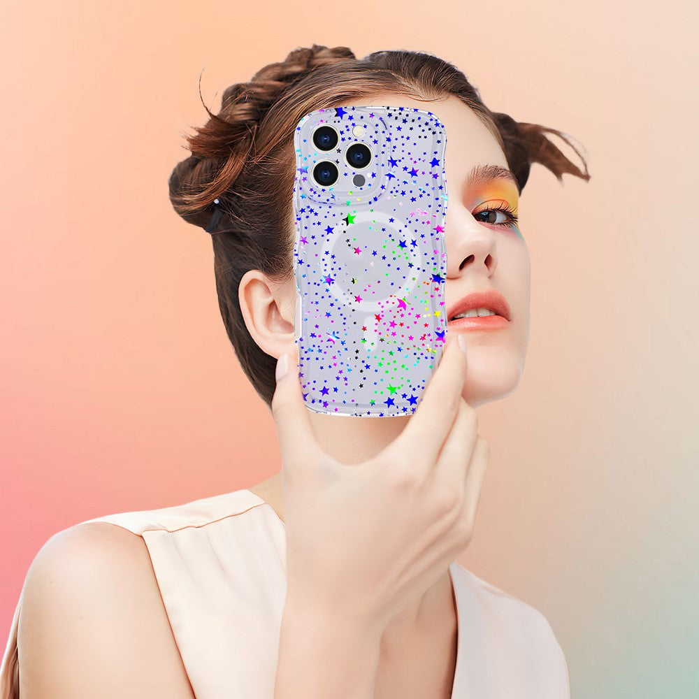For iPhone 15 Pro Max Magnetic Case Wave Edge Glitter TPU Phone Back Cover