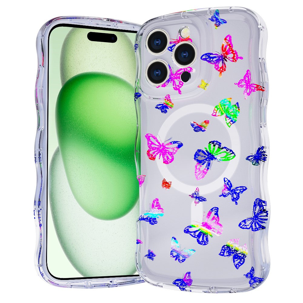 For iPhone 15 Pro Max Magnetic Case Wave Edge Glitter TPU Phone Back Cover