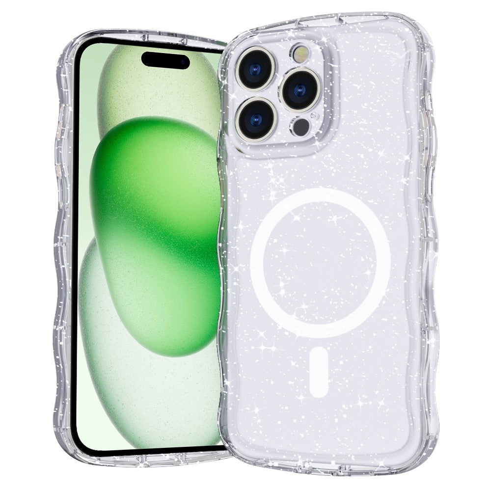 For iPhone 15 Pro Max Magnetic Case Wave Edge Glitter TPU Phone Back Cover