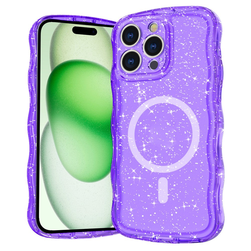 For iPhone 15 Pro Max Magnetic Case Wave Edge Glitter TPU Phone Back Cover