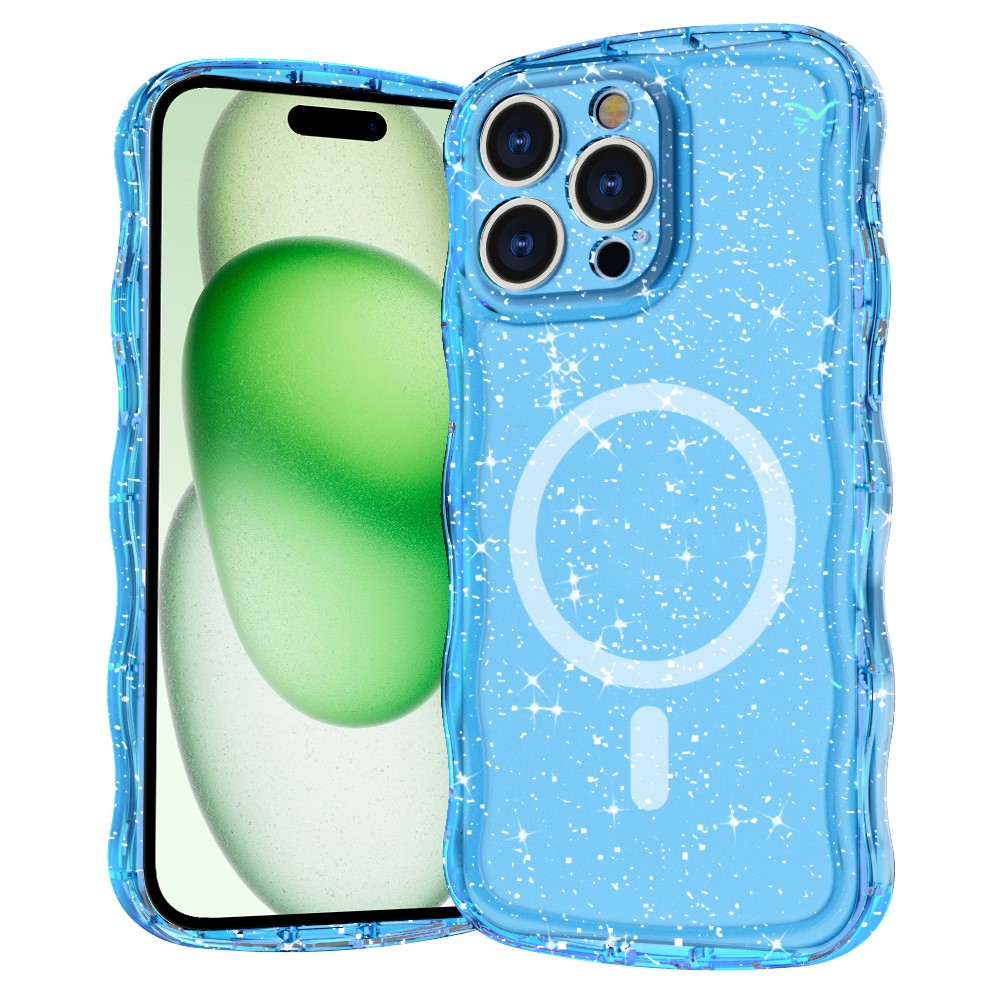 For iPhone 15 Pro Max Magnetic Case Wave Edge Glitter TPU Phone Back Cover