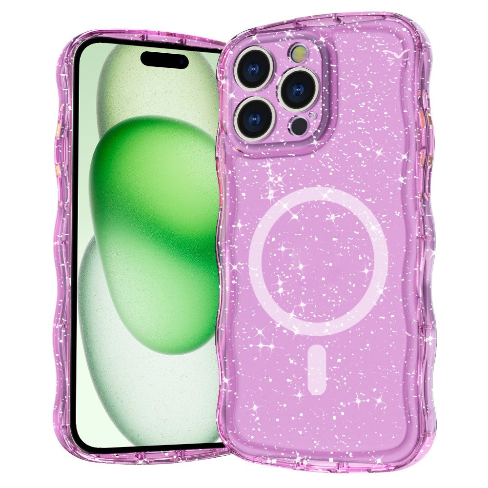 For iPhone 15 Pro Max Magnetic Case Wave Edge Glitter TPU Phone Back Cover