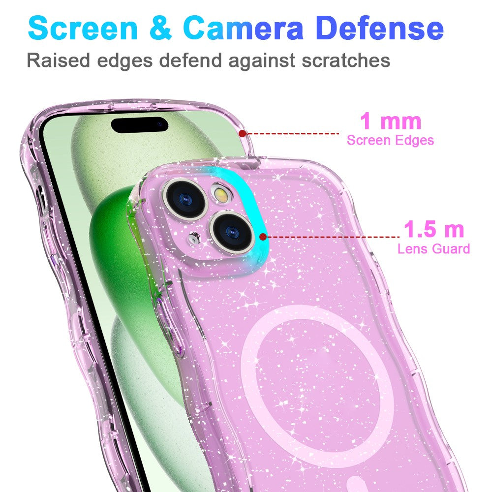 For iPhone 15 Plus Magnetic Case Wave Edge Glitter TPU Phone Back Cover
