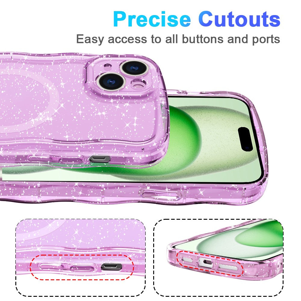 For iPhone 15 Plus Magnetic Case Wave Edge Glitter TPU Phone Back Cover