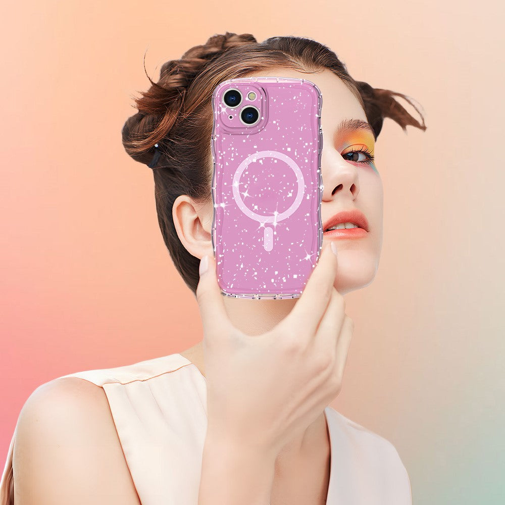 For iPhone 15 Plus Magnetic Case Wave Edge Glitter TPU Phone Back Cover