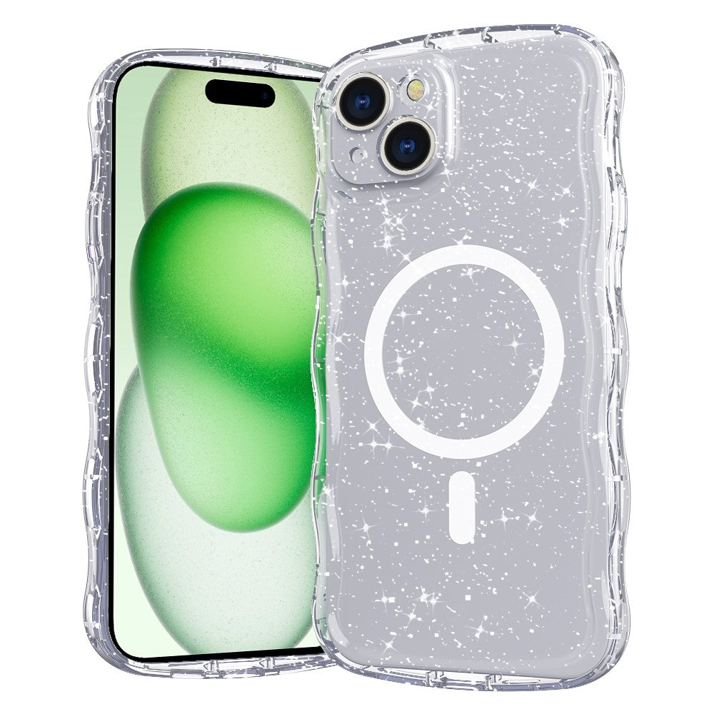 For iPhone 15 Plus Magnetic Case Wave Edge Glitter TPU Phone Back Cover