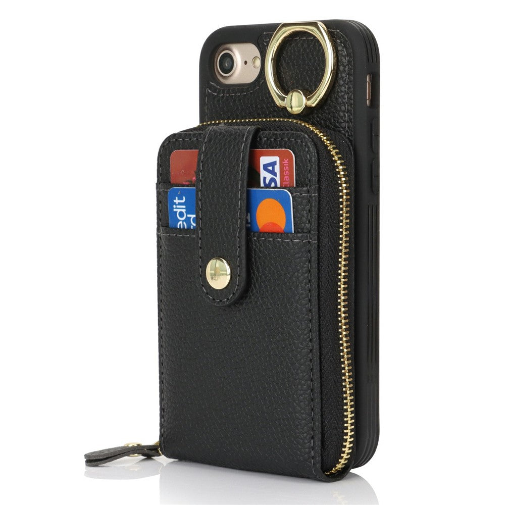 Til iPhone SE (2022) / (2020) / 8 / 7 etui med lynlåslomme / ring kickstand / rem Litchi-tekstur PU + TPU telefoncover