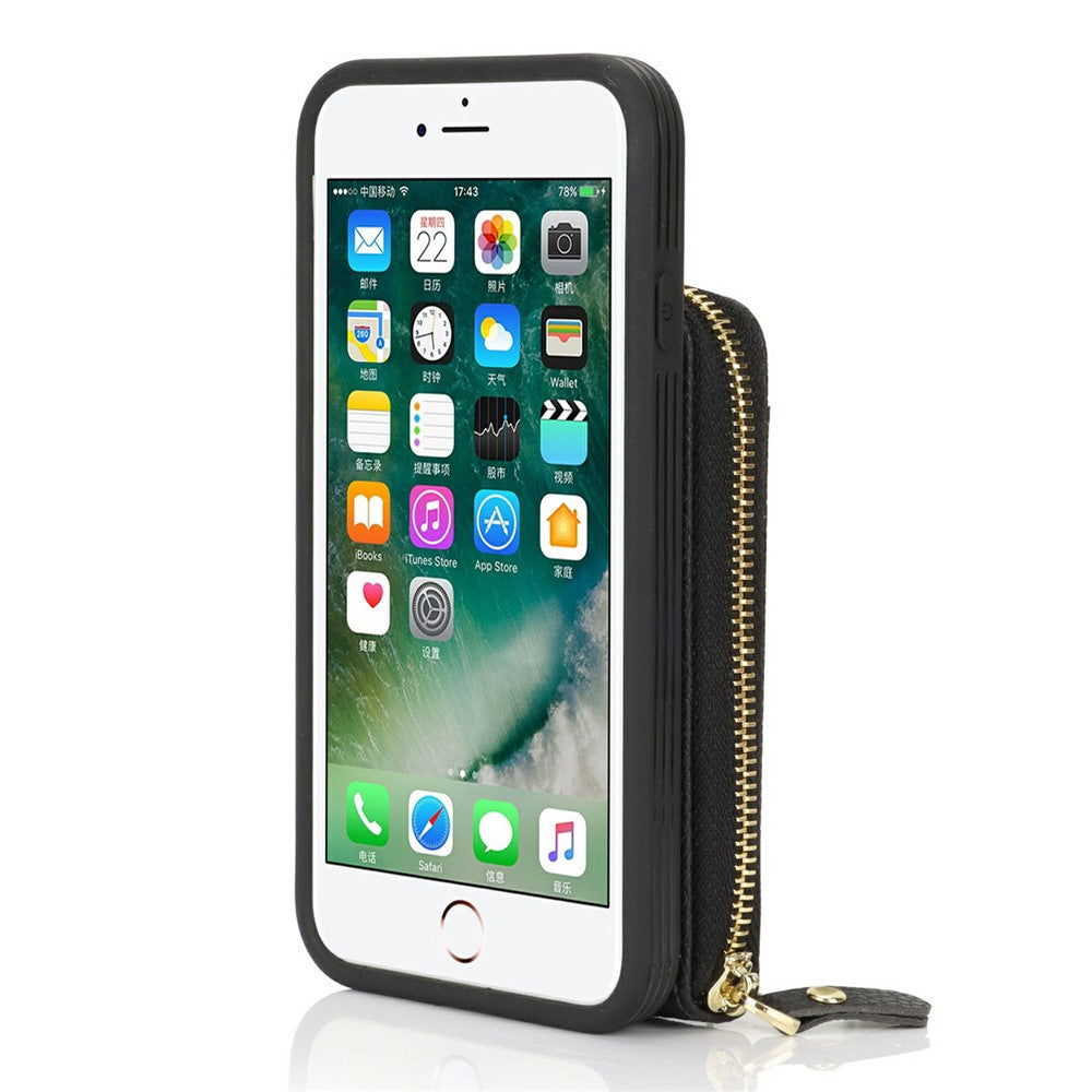 Til iPhone SE (2022) / (2020) / 8 / 7 etui med lynlåslomme / ring kickstand / rem Litchi-tekstur PU + TPU telefoncover