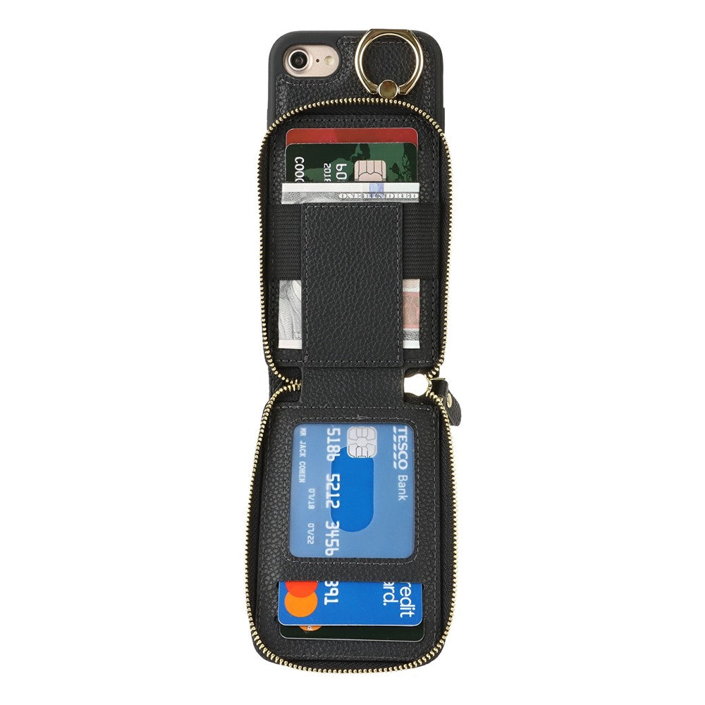 Til iPhone SE (2022) / (2020) / 8 / 7 etui med lynlåslomme / ring kickstand / rem Litchi-tekstur PU + TPU telefoncover