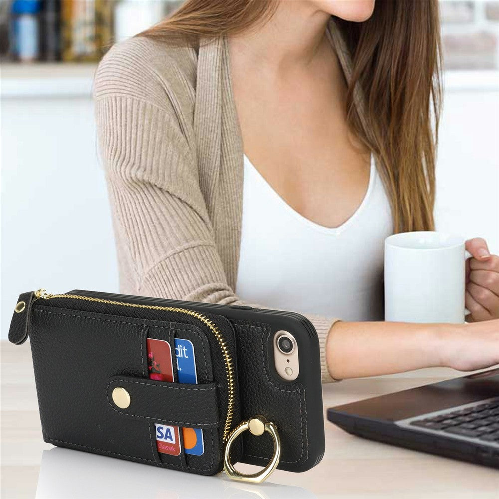 Til iPhone SE (2022) / (2020) / 8 / 7 etui med lynlåslomme / ring kickstand / rem Litchi-tekstur PU + TPU telefoncover