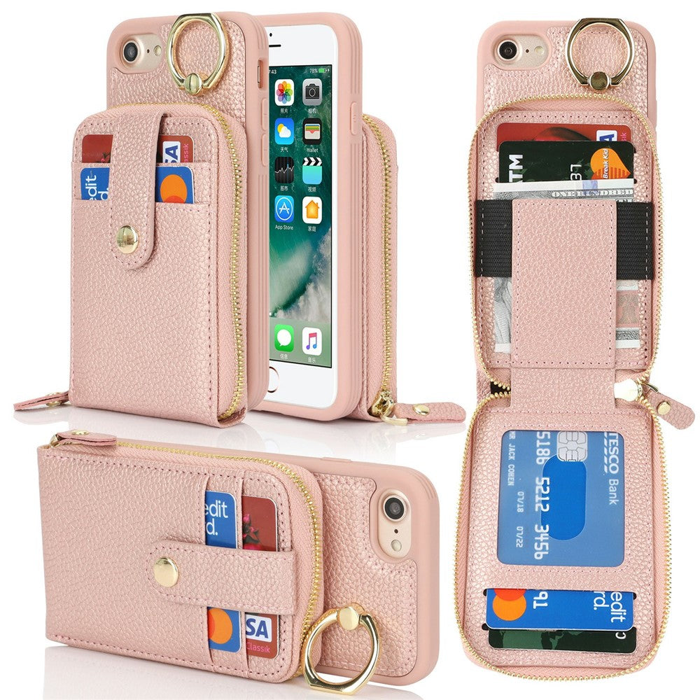 Til iPhone SE (2022) / (2020) / 8 / 7 etui med lynlåslomme / ring kickstand / rem Litchi-tekstur PU + TPU telefoncover