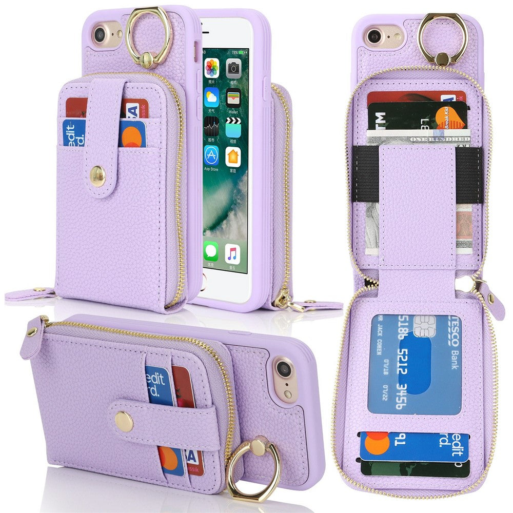 Til iPhone SE (2022) / (2020) / 8 / 7 etui med lynlåslomme / ring kickstand / rem Litchi-tekstur PU + TPU telefoncover
