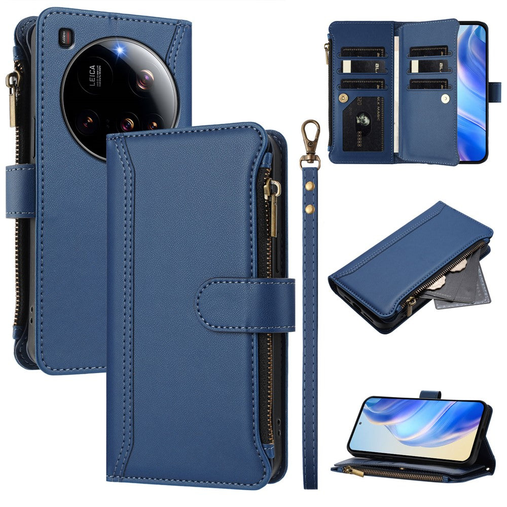 For Xiaomi 15 Ultra Leather Case 9 Card Slots Zipper Wallet Stand Phone Cover with Wrist Strap