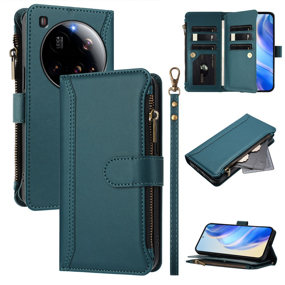 For Xiaomi 15 Ultra Leather Case 9 Card Slots Zipper Wallet Stand Phone Cover with Wrist Strap