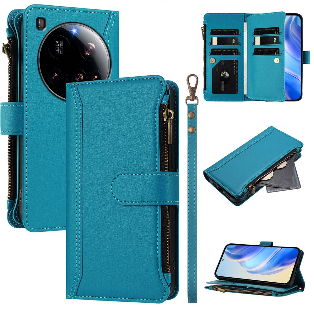 For Xiaomi 15 Ultra Leather Case 9 Card Slots Zipper Wallet Stand Phone Cover with Wrist Strap