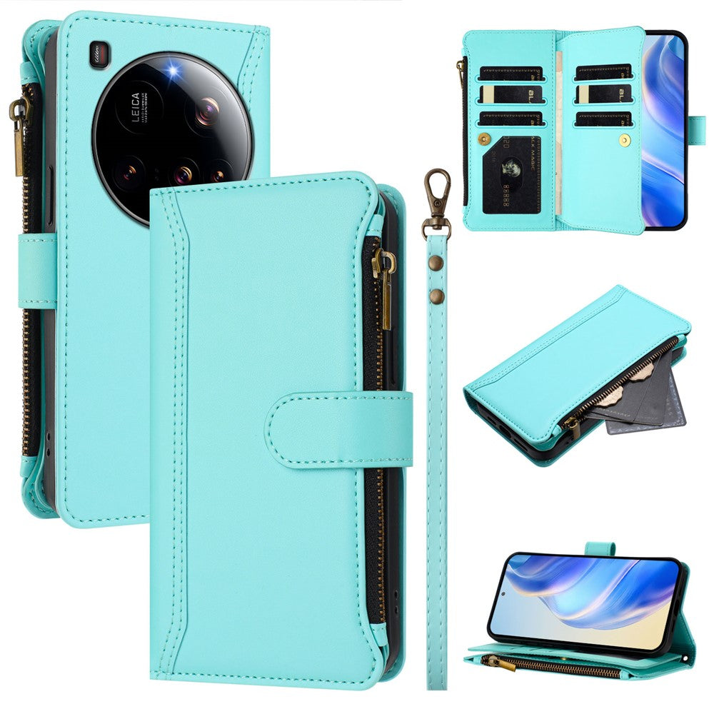 For Xiaomi 15 Ultra Leather Case 9 Card Slots Zipper Wallet Stand Phone Cover with Wrist Strap