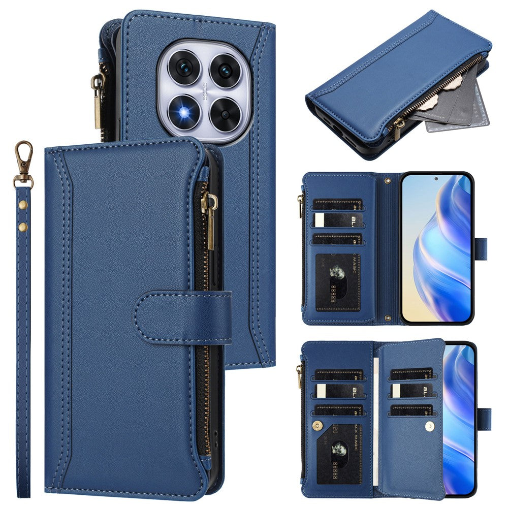 For Xiaomi Redmi Note 14 Pro 4G Leather Case 9 Card Slots Zipper Wallet Stand Phone Cover with Wrist Strap
