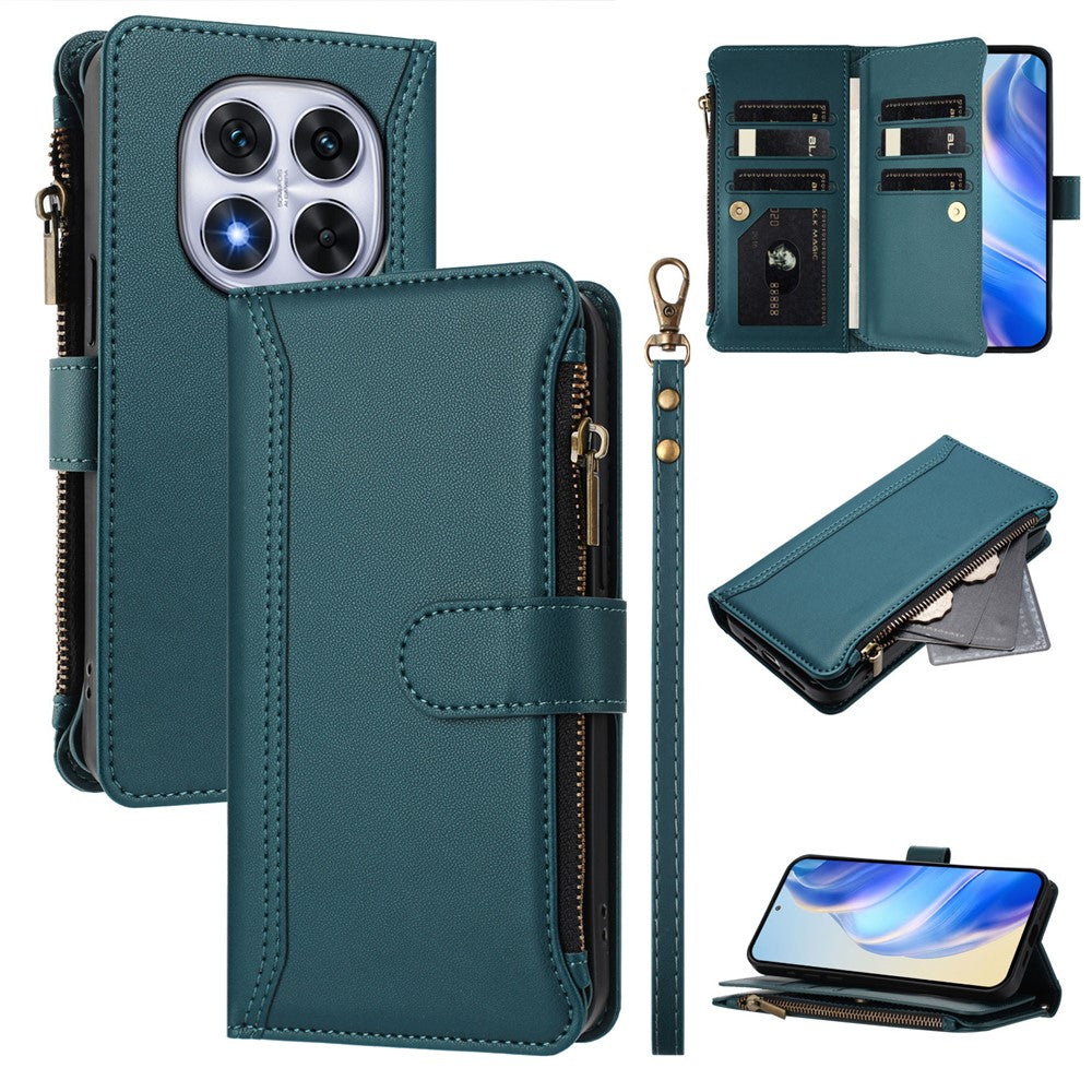For Xiaomi Redmi Note 14 Pro 4G Leather Case 9 Card Slots Zipper Wallet Stand Phone Cover with Wrist Strap