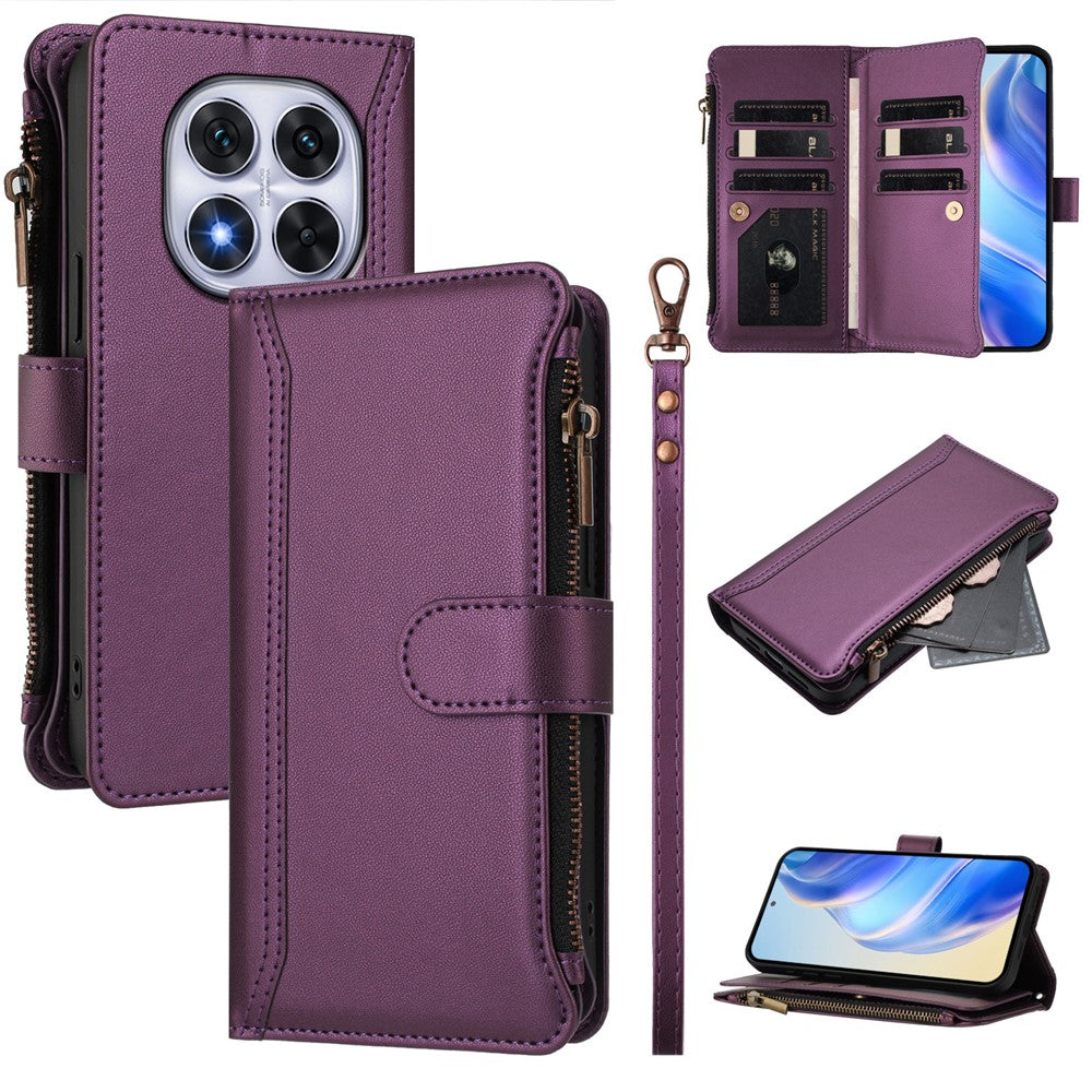 For Xiaomi Redmi Note 14 Pro 4G Leather Case 9 Card Slots Zipper Wallet Stand Phone Cover with Wrist Strap