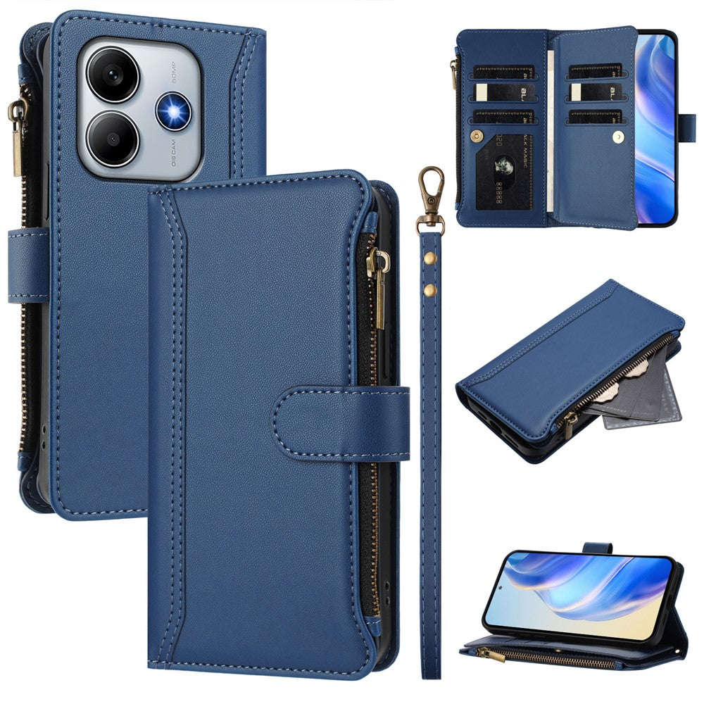 For Xiaomi Redmi Note 14 5G (China) / Xiaomi Poco M7 Pro 5G / Xiaomi Redmi Note 14 5G Leather Case 9 Card Slots Zipper Wallet Stand Phone Cover with Wrist Strap