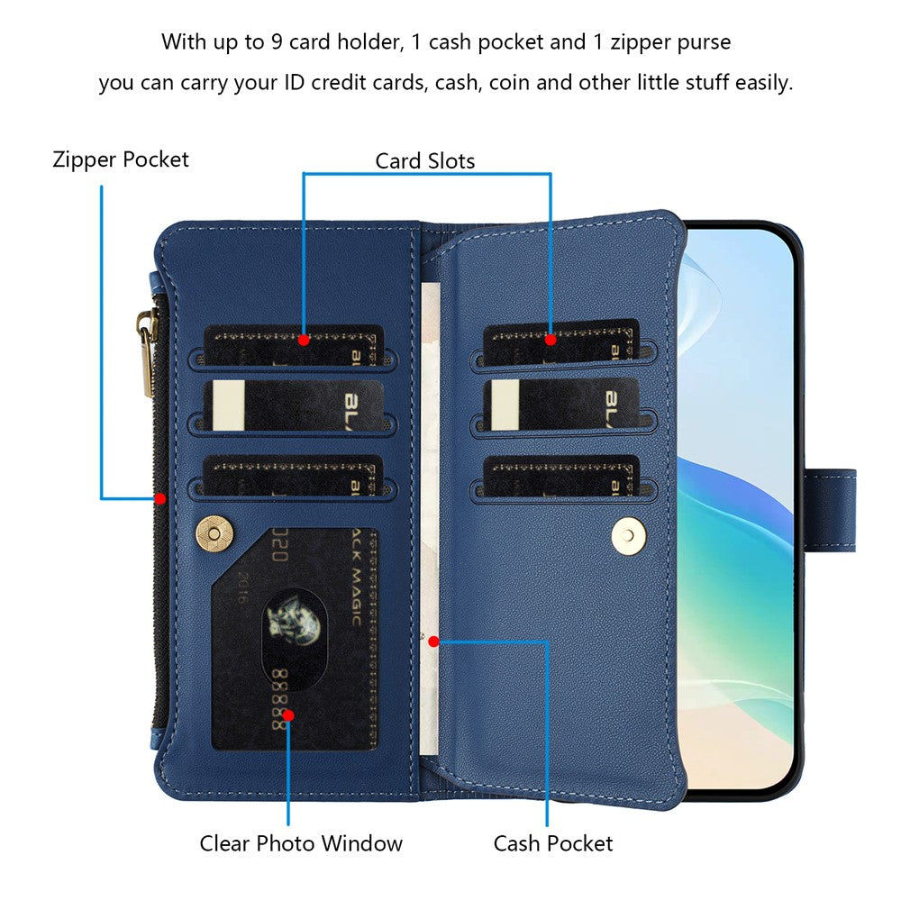 For Xiaomi Redmi Note 14 5G (China) / Xiaomi Poco M7 Pro 5G / Xiaomi Redmi Note 14 5G Leather Case 9 Card Slots Zipper Wallet Stand Phone Cover with Wrist Strap