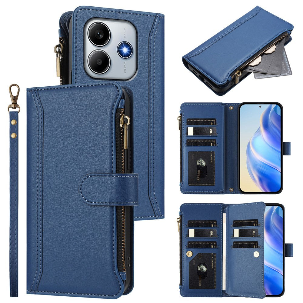 For Xiaomi Redmi Note 14 5G (China) / Xiaomi Poco M7 Pro 5G / Xiaomi Redmi Note 14 5G Leather Case 9 Card Slots Zipper Wallet Stand Phone Cover with Wrist Strap