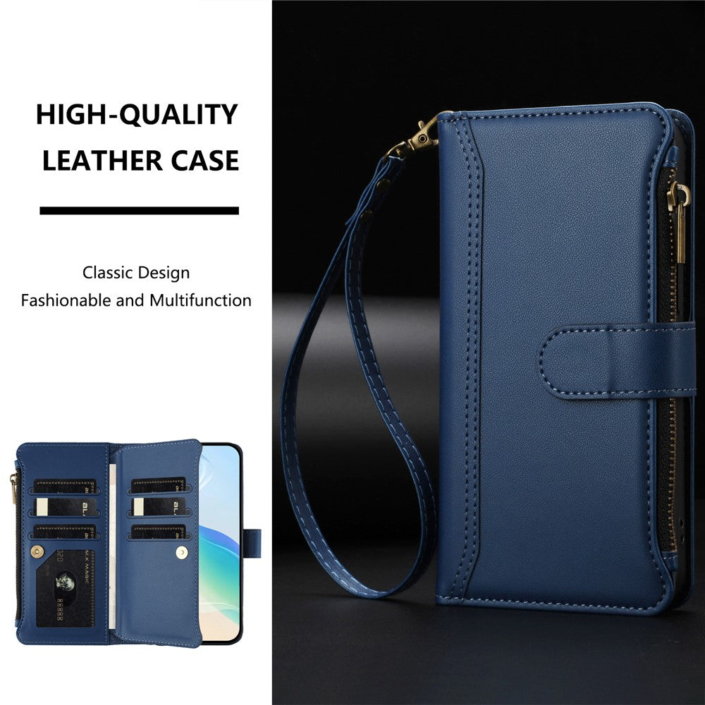 For Xiaomi Redmi Note 14 5G (China) / Xiaomi Poco M7 Pro 5G / Xiaomi Redmi Note 14 5G Leather Case 9 Card Slots Zipper Wallet Stand Phone Cover with Wrist Strap