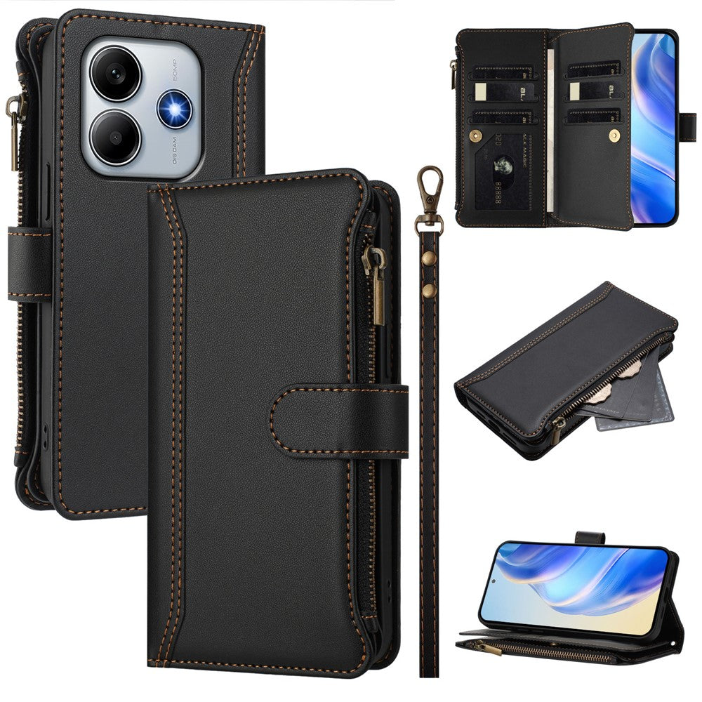 For Xiaomi Redmi Note 14 5G (China) / Xiaomi Poco M7 Pro 5G / Xiaomi Redmi Note 14 5G Leather Case 9 Card Slots Zipper Wallet Stand Phone Cover with Wrist Strap