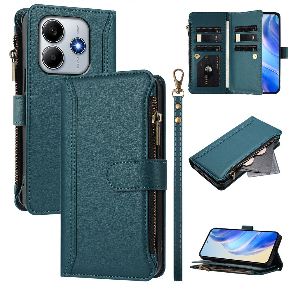 For Xiaomi Redmi Note 14 5G (China) / Xiaomi Poco M7 Pro 5G / Xiaomi Redmi Note 14 5G Leather Case 9 Card Slots Zipper Wallet Stand Phone Cover with Wrist Strap
