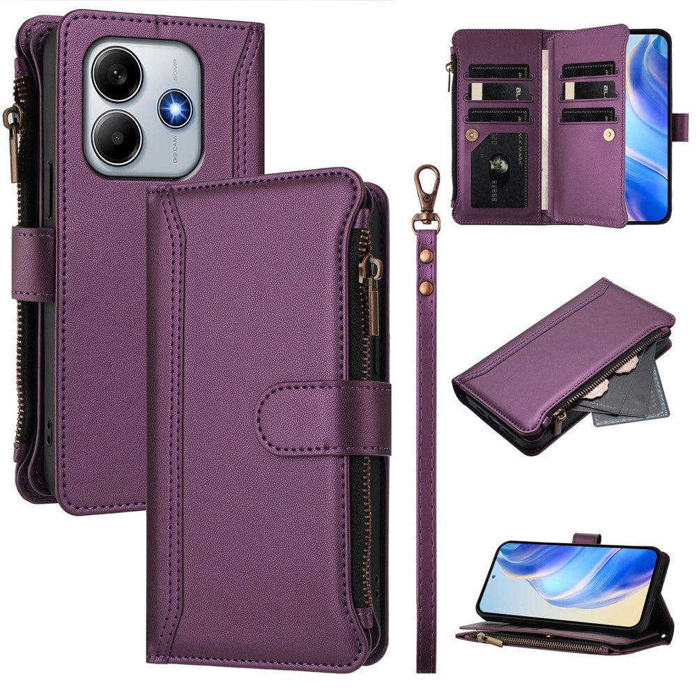 For Xiaomi Redmi Note 14 5G (China) / Xiaomi Poco M7 Pro 5G / Xiaomi Redmi Note 14 5G Leather Case 9 Card Slots Zipper Wallet Stand Phone Cover with Wrist Strap
